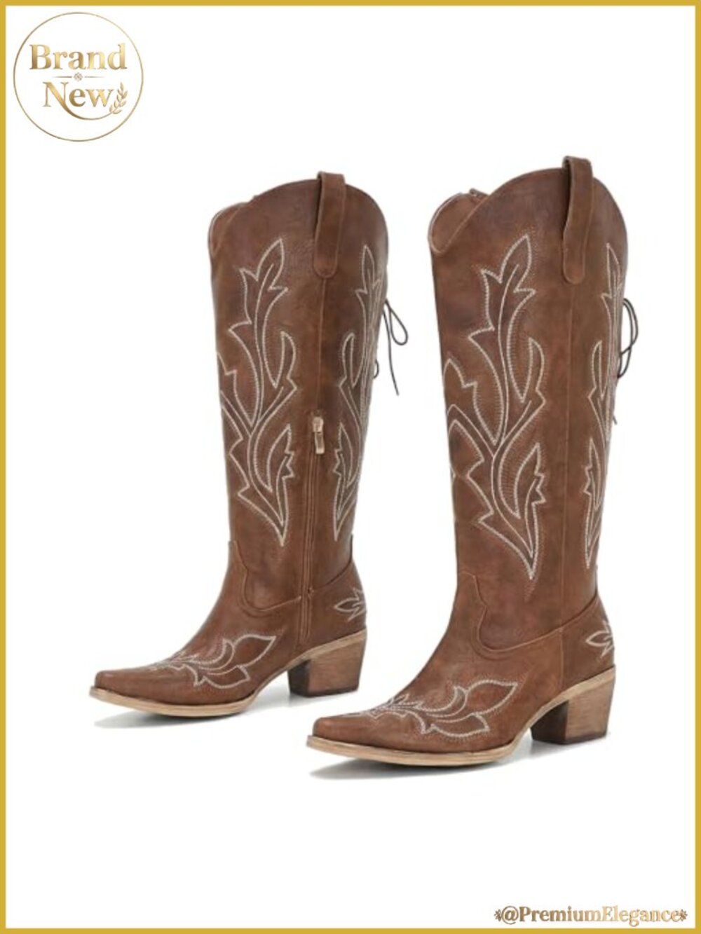 Wide Calf Western Cowboy Boots Faux Leather Knee High Square Toe - Picture 3 of 6